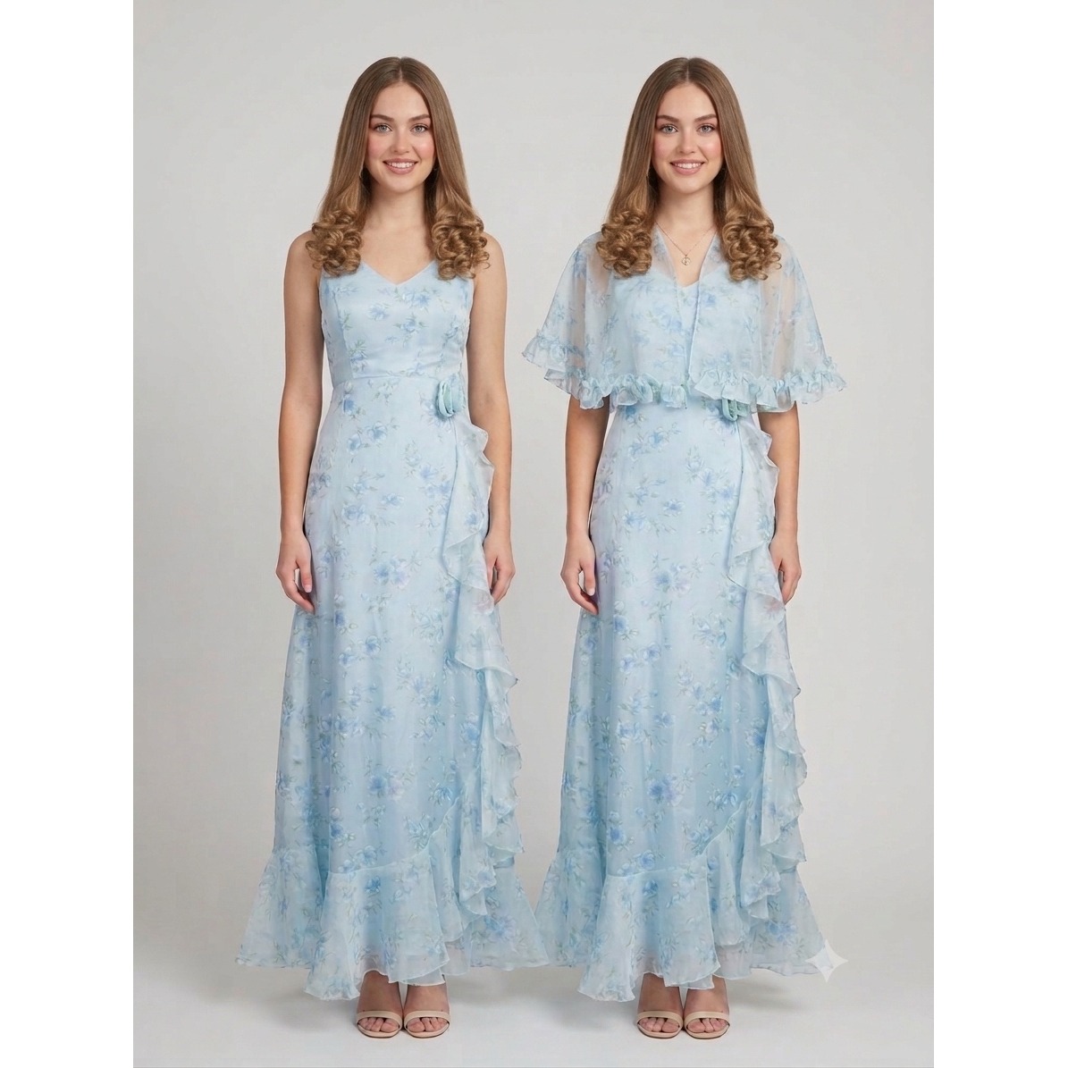 Vintage 70s Cottagecore Blue Floral Chiffon Prom Dress Bolero Ruffle Maxi Gown